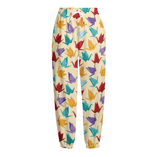Colorful Origami Crane Pattern Print Fleece Lined Knit Pants