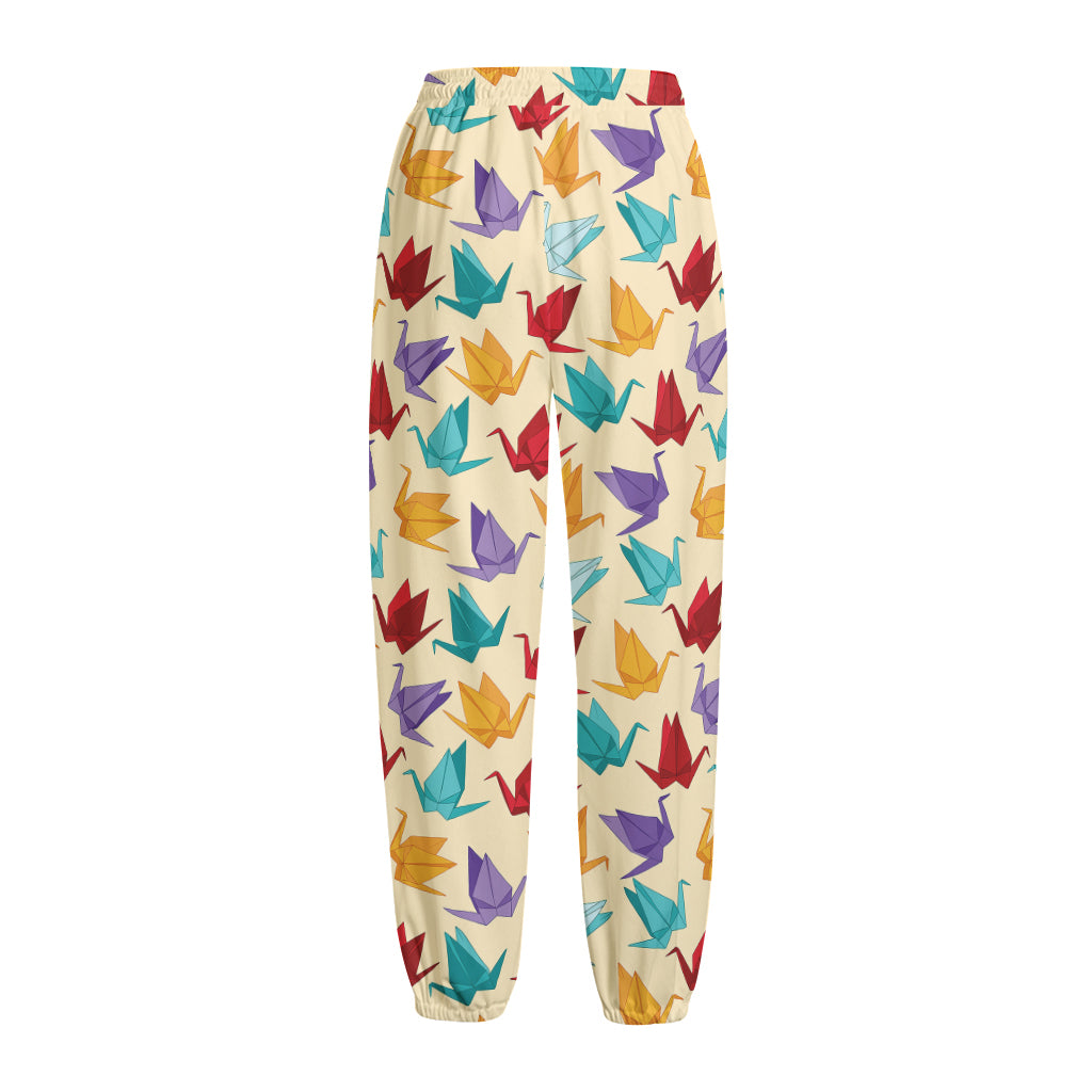 Colorful Origami Crane Pattern Print Fleece Lined Knit Pants