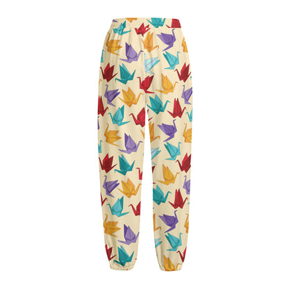 Colorful Origami Crane Pattern Print Fleece Lined Knit Pants