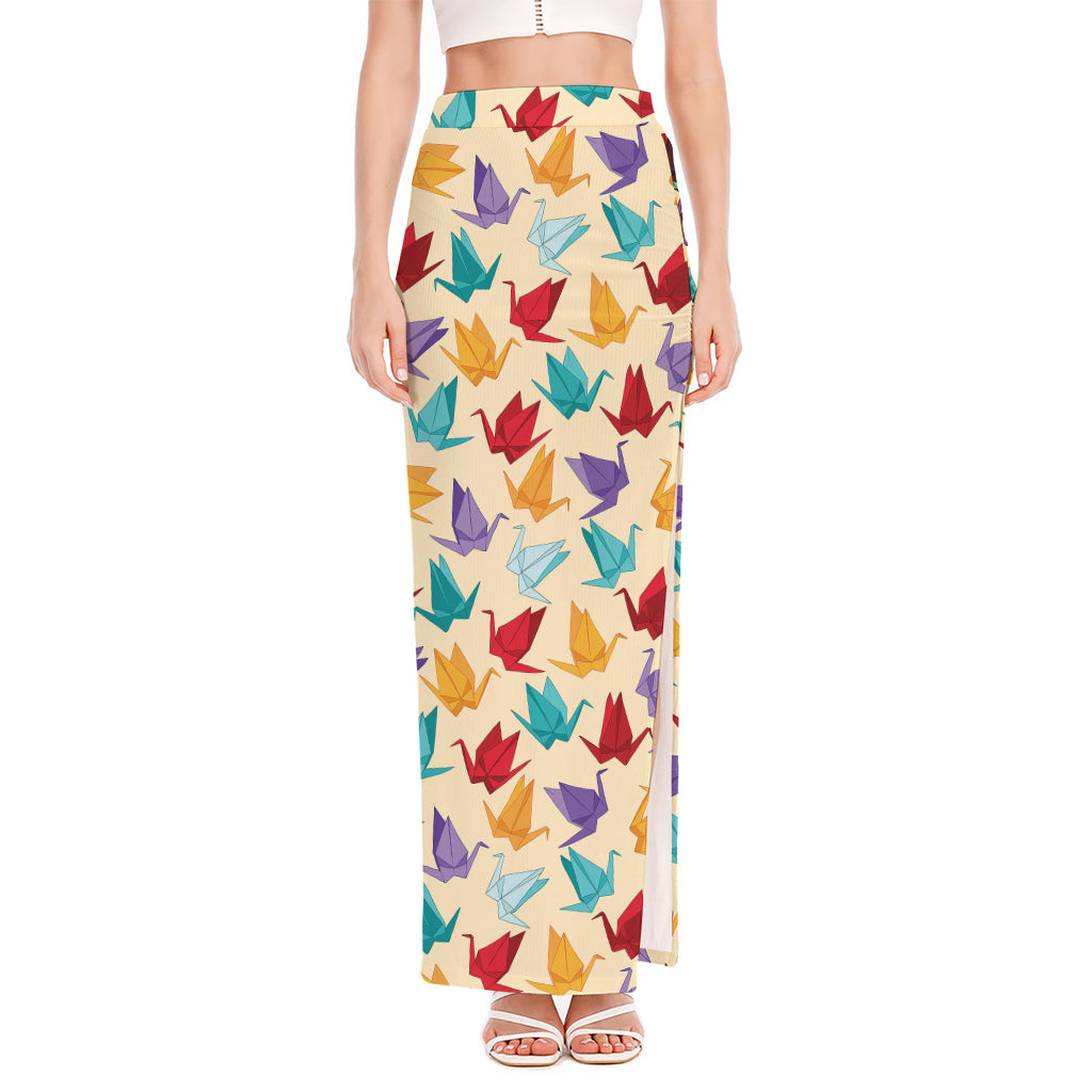Colorful Origami Crane Pattern Print High Slit Maxi Skirt