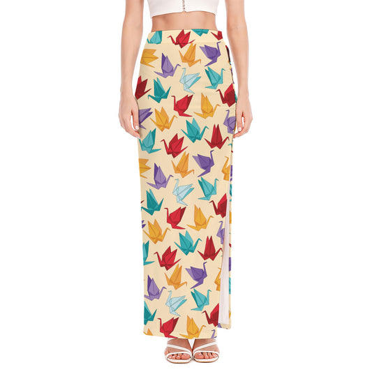 Colorful Origami Crane Pattern Print High Slit Maxi Skirt