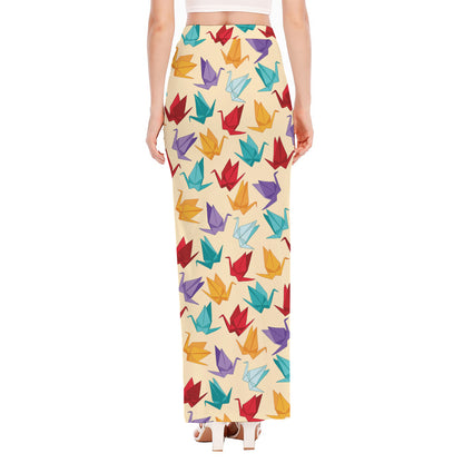 Colorful Origami Crane Pattern Print High Slit Maxi Skirt
