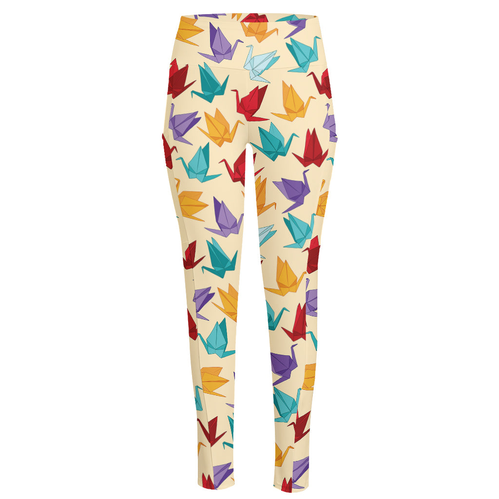 Colorful Origami Crane Pattern Print High-Waisted Pocket Leggings