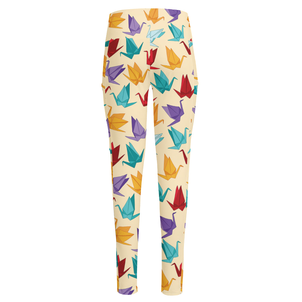 Colorful Origami Crane Pattern Print High-Waisted Pocket Leggings