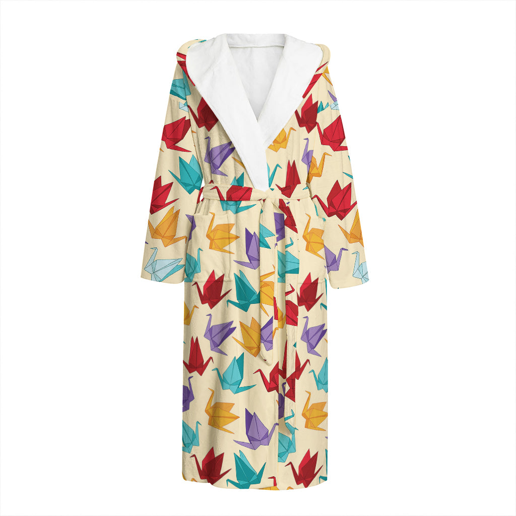 Colorful Origami Crane Pattern Print Hooded Bathrobe