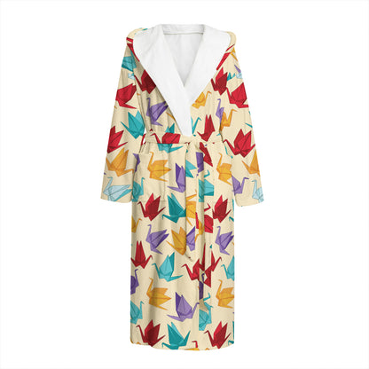 Colorful Origami Crane Pattern Print Hooded Bathrobe