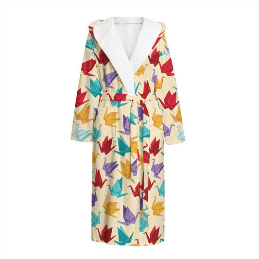 Colorful Origami Crane Pattern Print Hooded Bathrobe