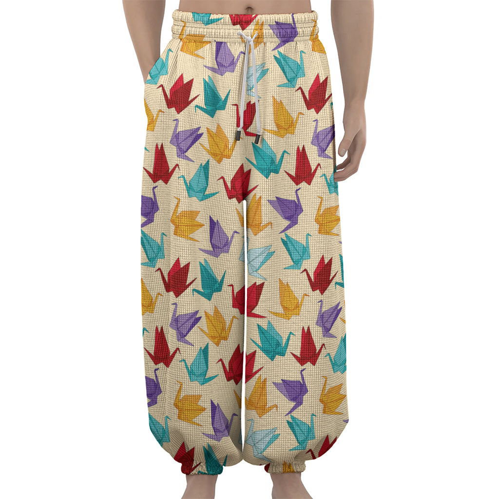 Colorful Origami Crane Pattern Print Lantern Pants