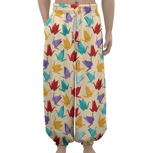 Colorful Origami Crane Pattern Print Lantern Pants
