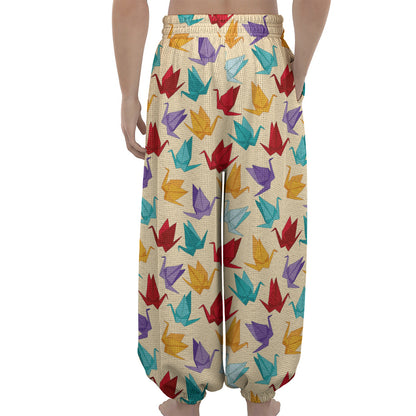 Colorful Origami Crane Pattern Print Lantern Pants