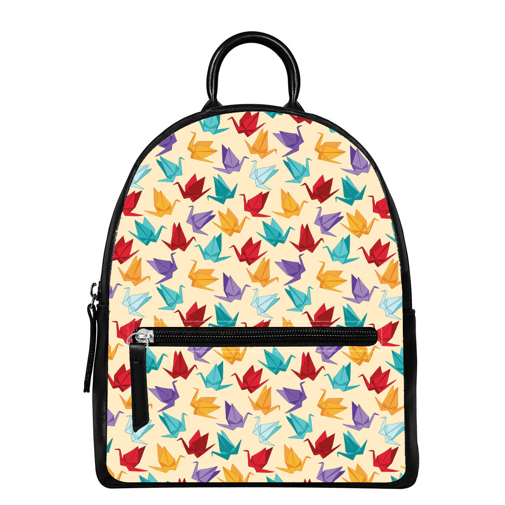 Colorful Origami Crane Pattern Print Leather Backpack