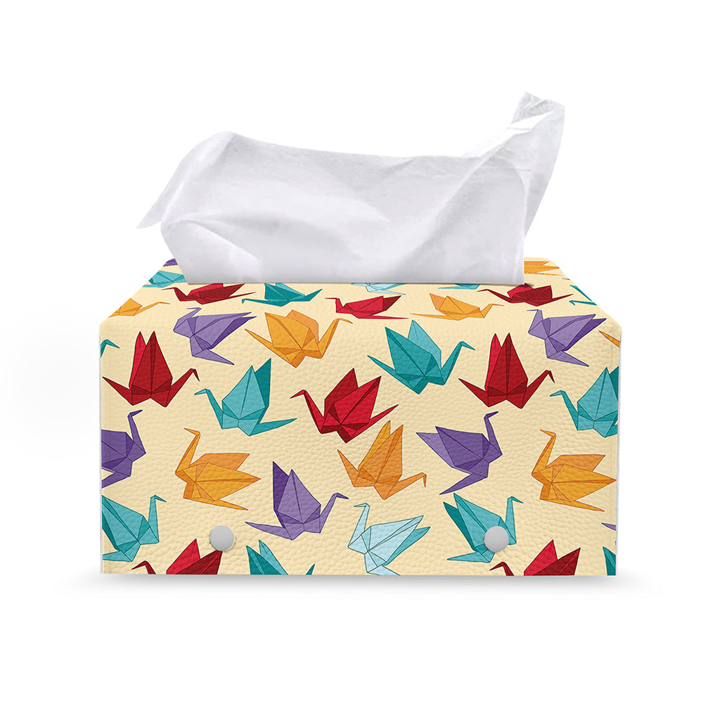 Colorful Origami Crane Pattern Print Leather Tissue Box Cover