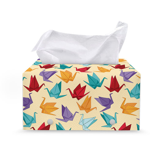 Colorful Origami Crane Pattern Print Leather Tissue Box Cover