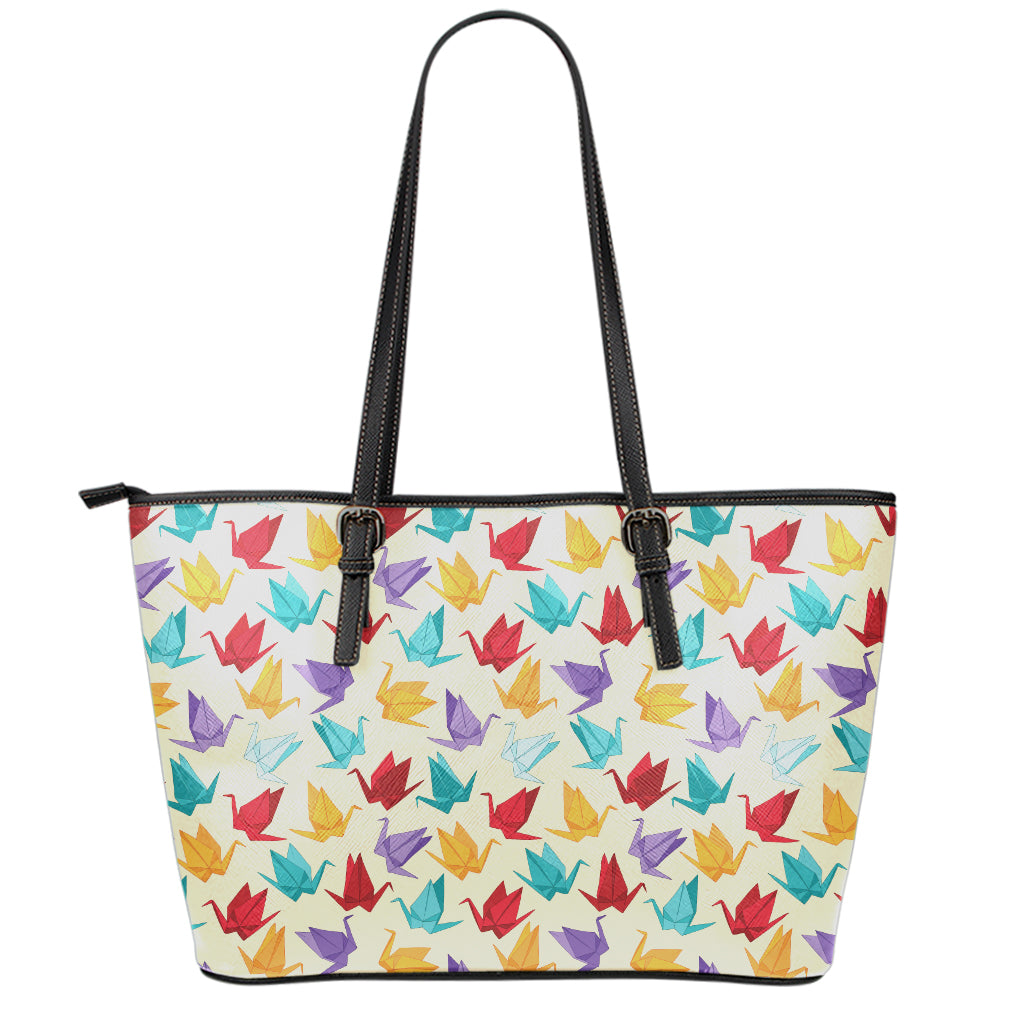 Colorful Origami Crane Pattern Print Leather Tote Bag