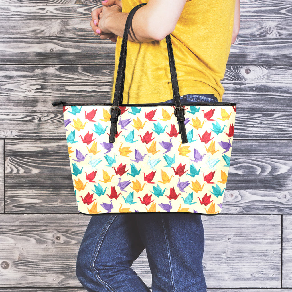 Colorful Origami Crane Pattern Print Leather Tote Bag