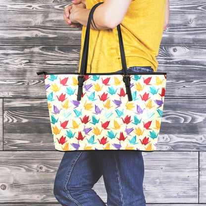 Colorful Origami Crane Pattern Print Leather Tote Bag