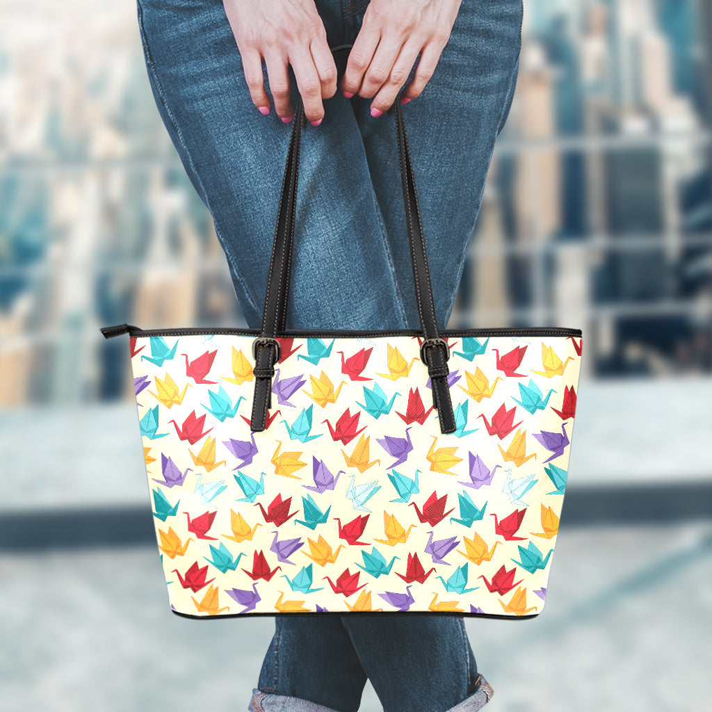 Colorful Origami Crane Pattern Print Leather Tote Bag