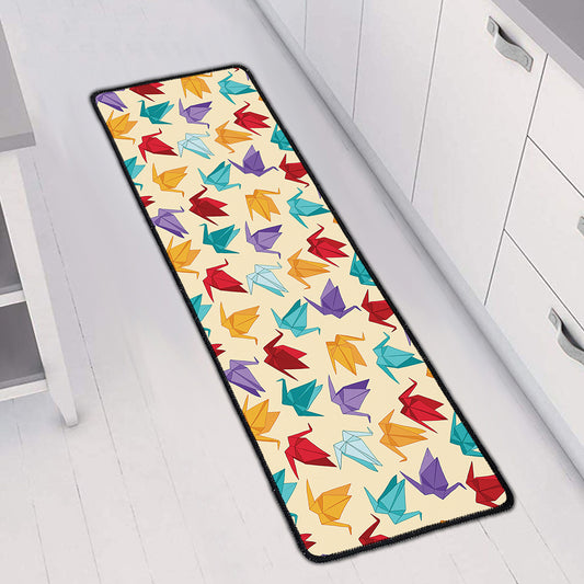 Colorful Origami Crane Pattern Print Long Kitchen Mat