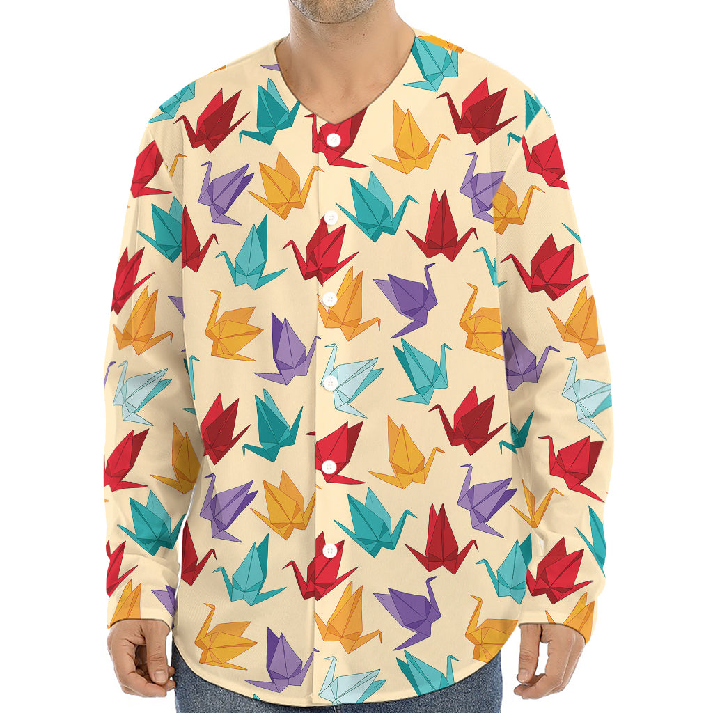 Colorful Origami Crane Pattern Print Long Sleeve Baseball Jersey