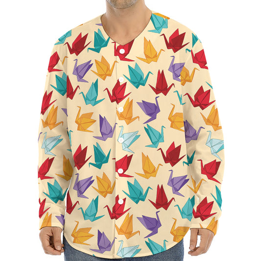 Colorful Origami Crane Pattern Print Long Sleeve Baseball Jersey
