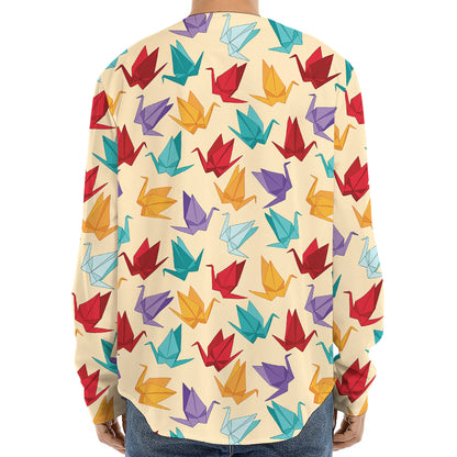 Colorful Origami Crane Pattern Print Long Sleeve Baseball Jersey