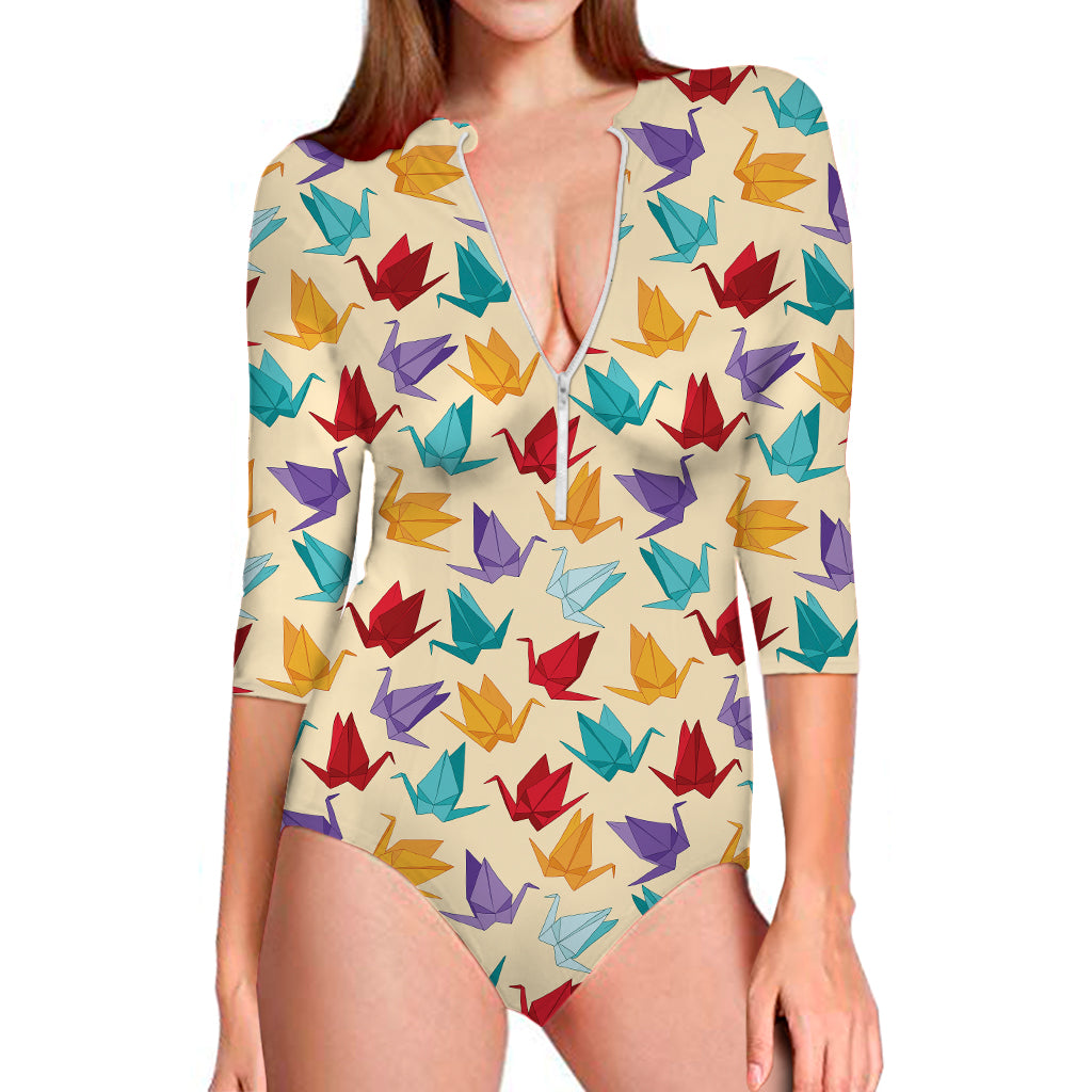 Colorful Origami Crane Pattern Print Long Sleeve Swimsuit