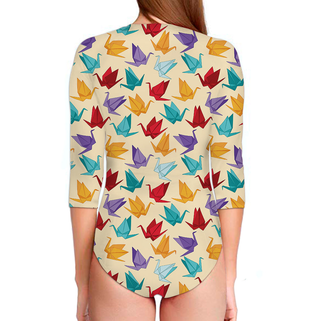 Colorful Origami Crane Pattern Print Long Sleeve Swimsuit