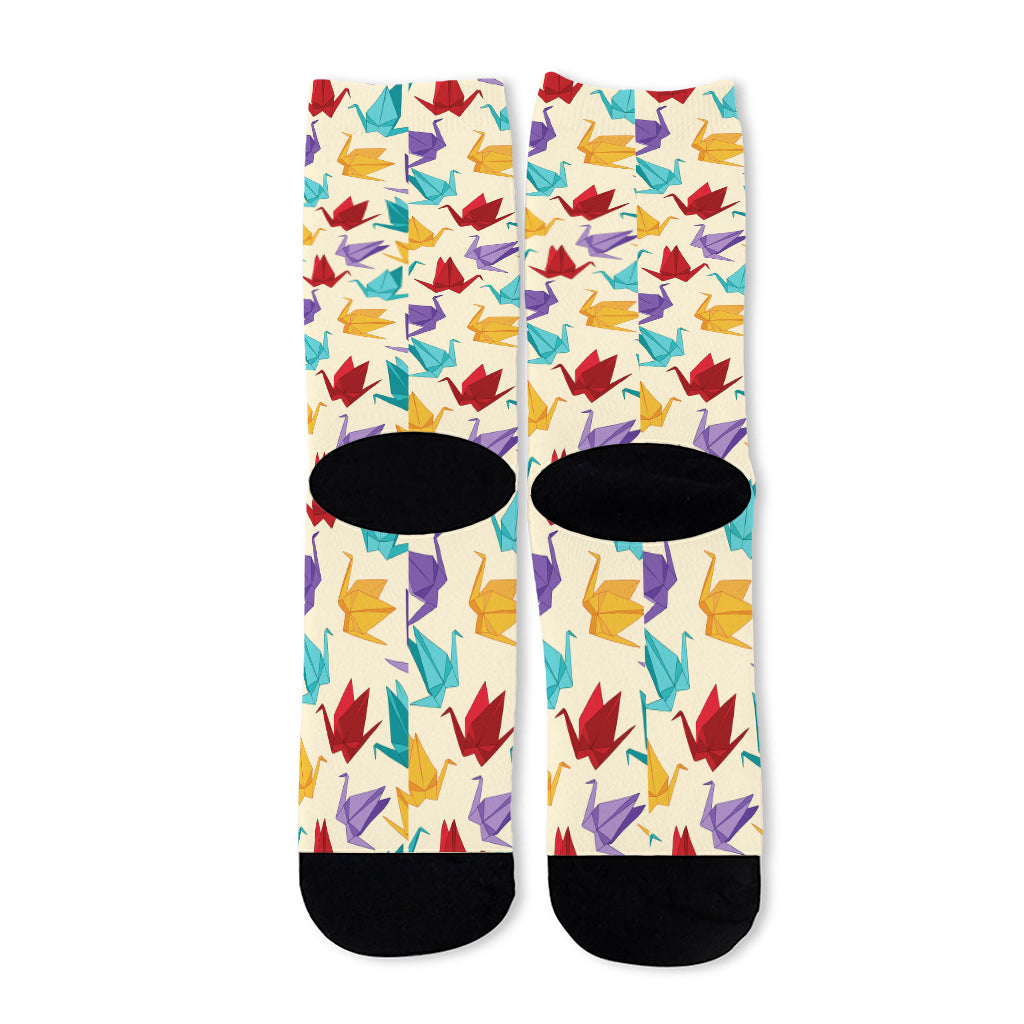 Colorful Origami Crane Pattern Print Long Socks