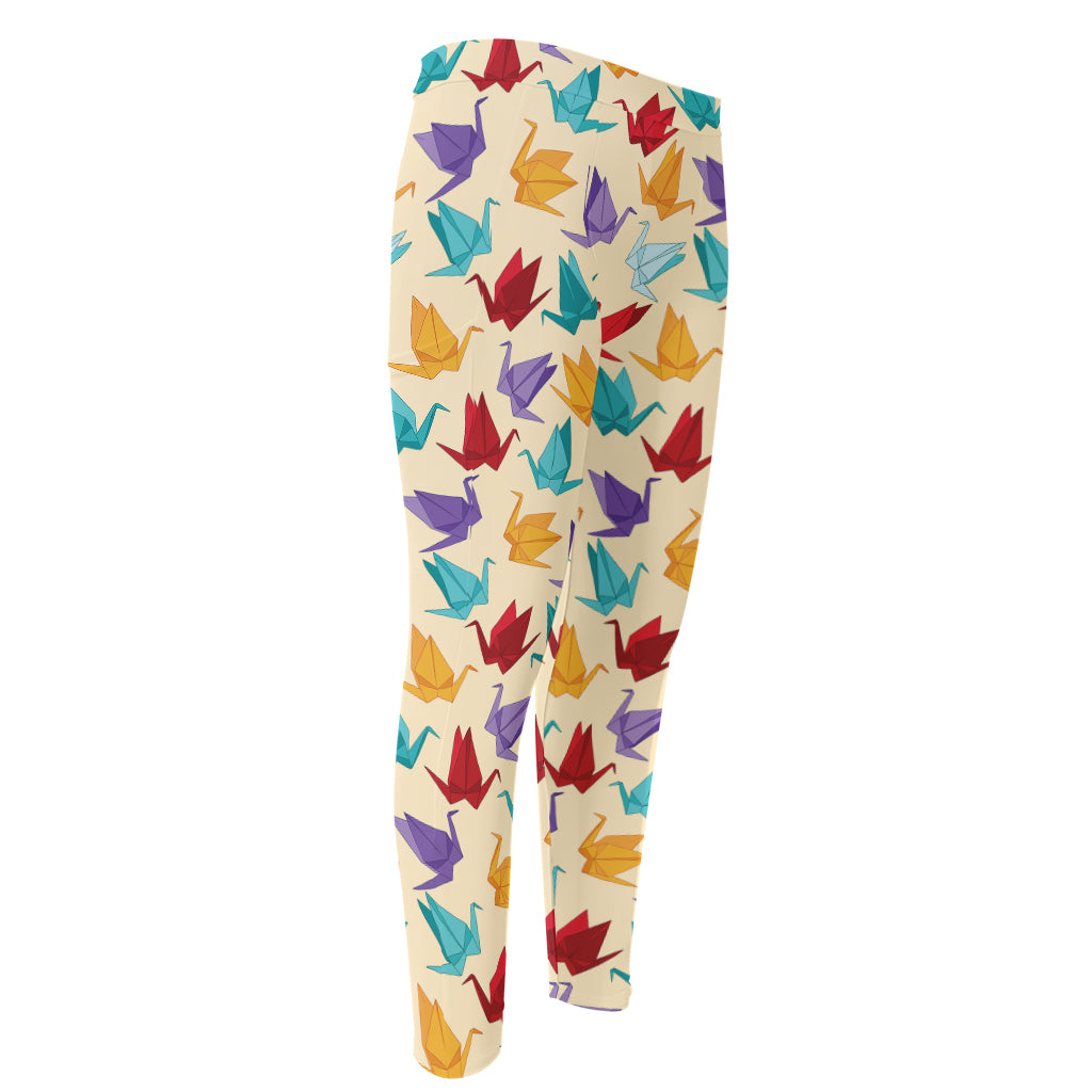 Colorful Origami Crane Pattern Print Men's Compression Pants