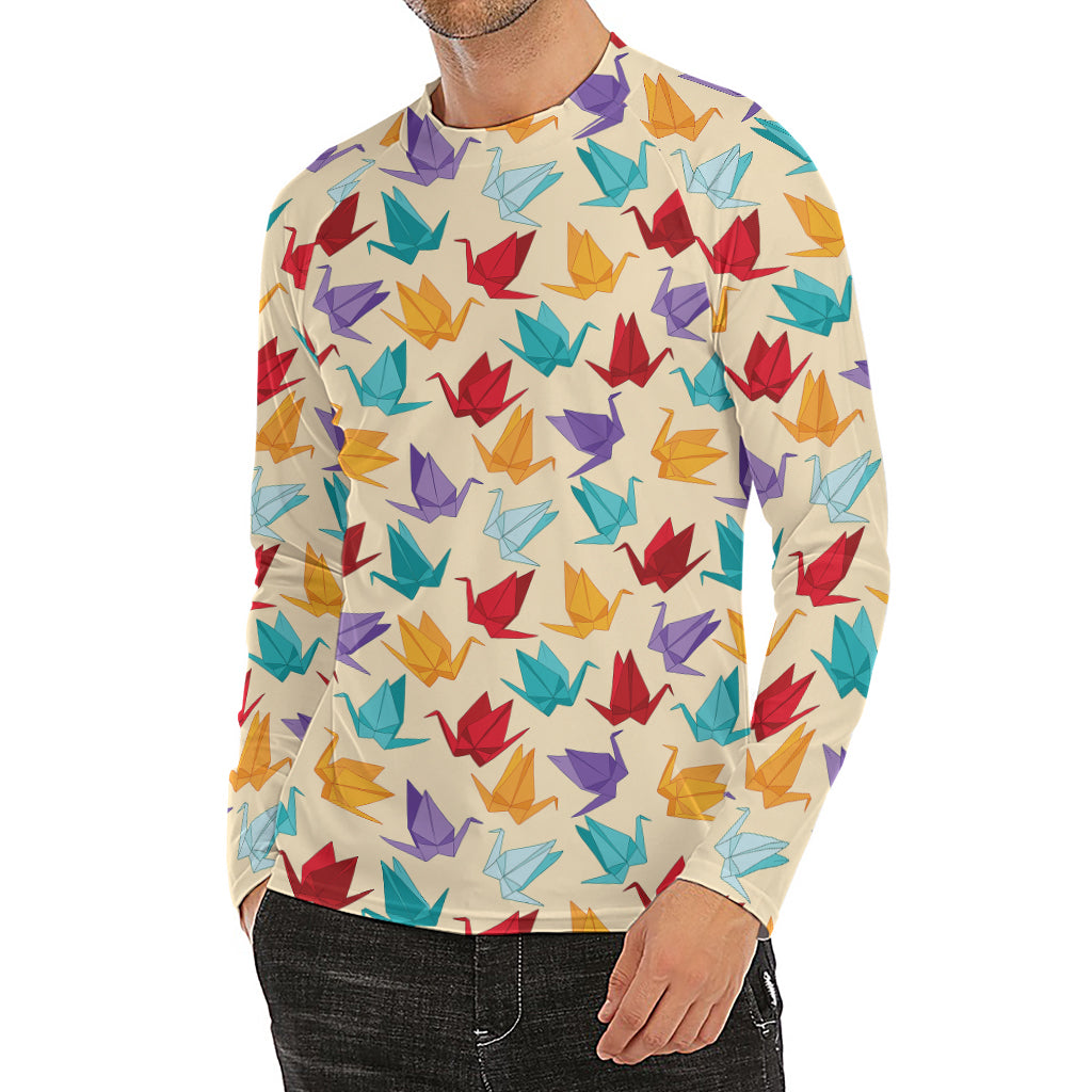 Colorful Origami Crane Pattern Print Men's Long Sleeve Rash Guard