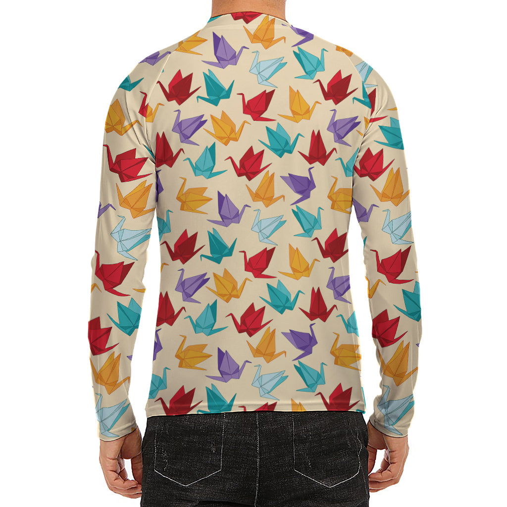 Colorful Origami Crane Pattern Print Men's Long Sleeve Rash Guard