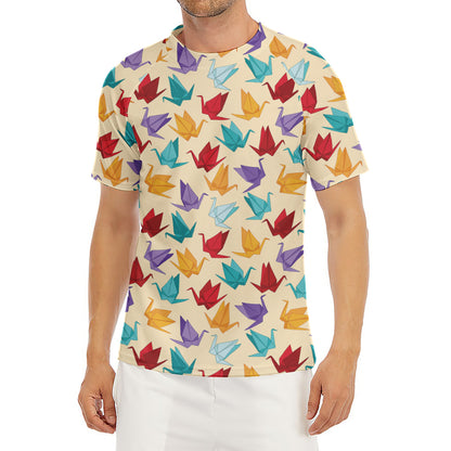 Colorful Origami Crane Pattern Print Men's Short Sleeve Rash Guard