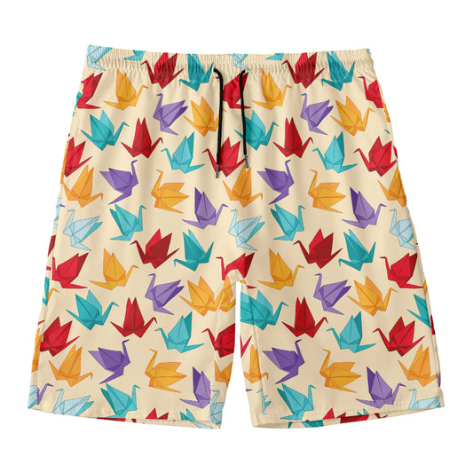 Colorful Origami Crane Pattern Print Men's Swim Trunks