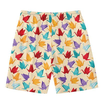 Colorful Origami Crane Pattern Print Men's Swim Trunks