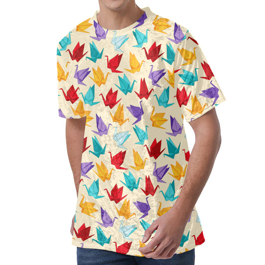 Colorful Origami Crane Pattern Print Men's Velvet T-Shirt