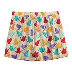 Colorful Origami Crane Pattern Print Mesh Shorts