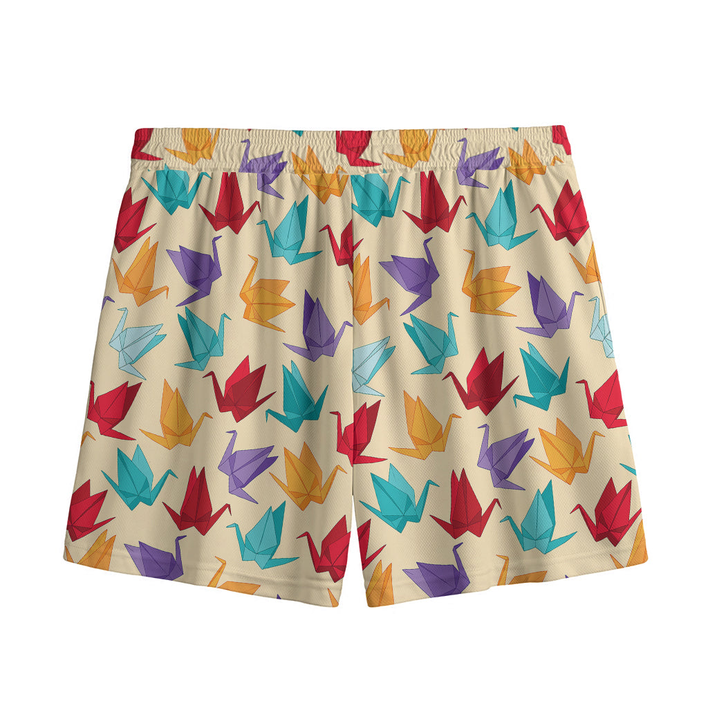 Colorful Origami Crane Pattern Print Mesh Shorts
