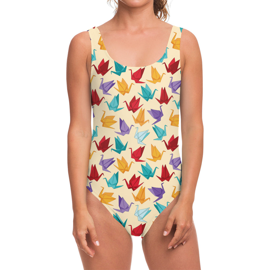 Colorful Origami Crane Pattern Print One Piece Swimsuit