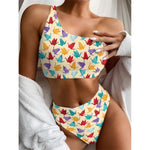 Colorful Origami Crane Pattern Print One Shoulder Bikini Top