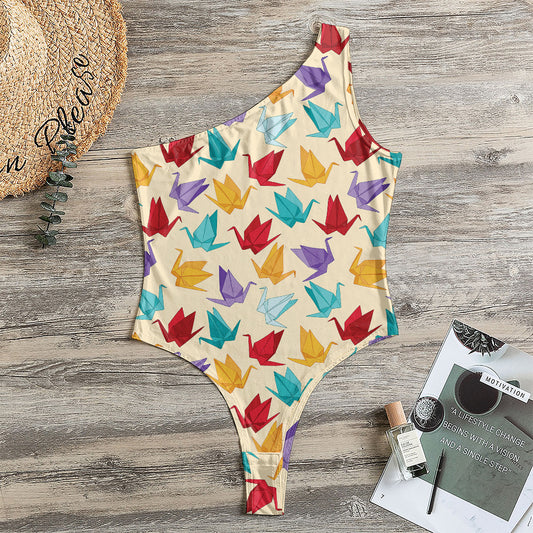 Colorful Origami Crane Pattern Print One Shoulder Bodysuit