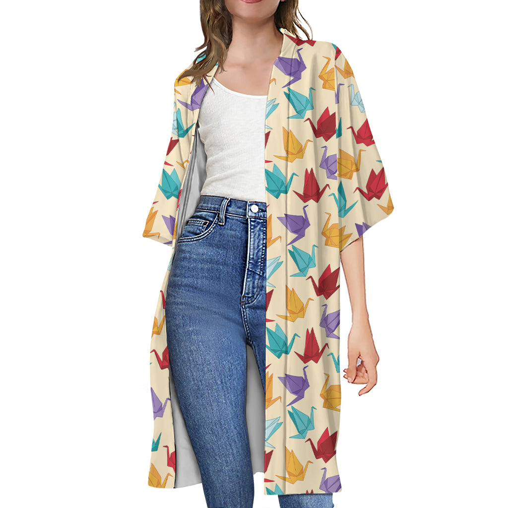 Colorful Origami Crane Pattern Print Open Front Beach Cover Up