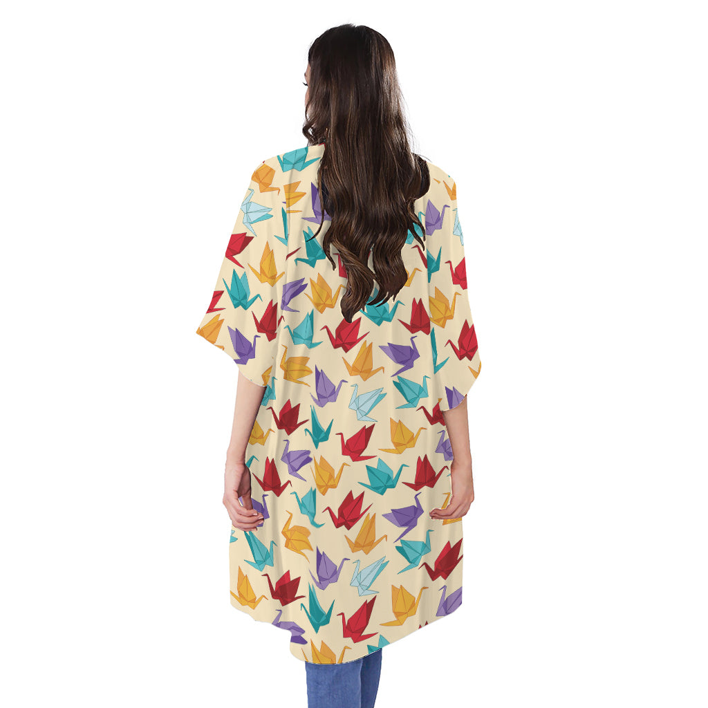 Colorful Origami Crane Pattern Print Open Front Beach Cover Up
