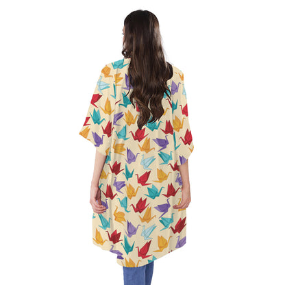 Colorful Origami Crane Pattern Print Open Front Beach Cover Up