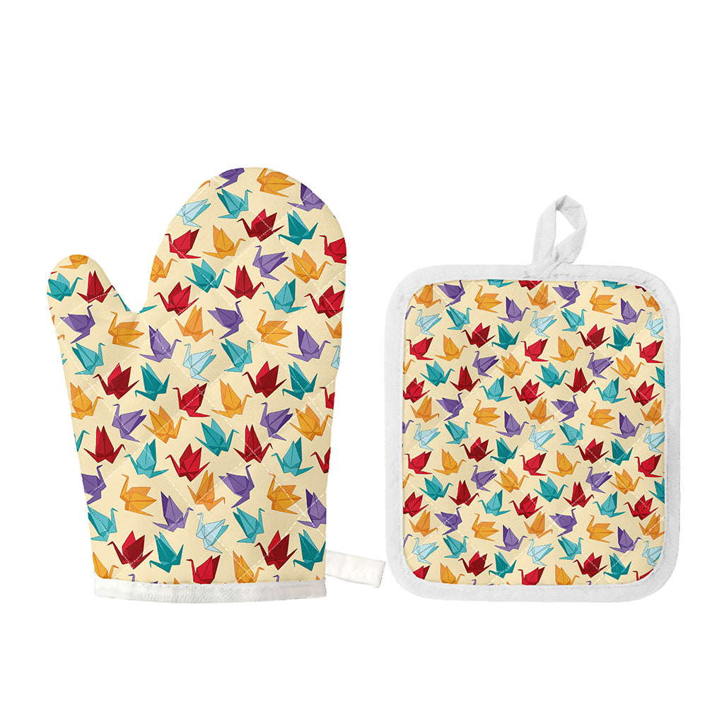 Colorful Origami Crane Pattern Print Oven Mitt And Pot Holder Set