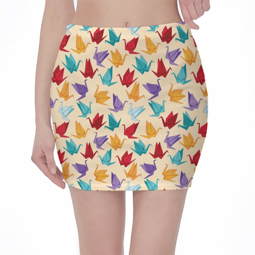 Colorful Origami Crane Pattern Print Pencil Mini Skirt