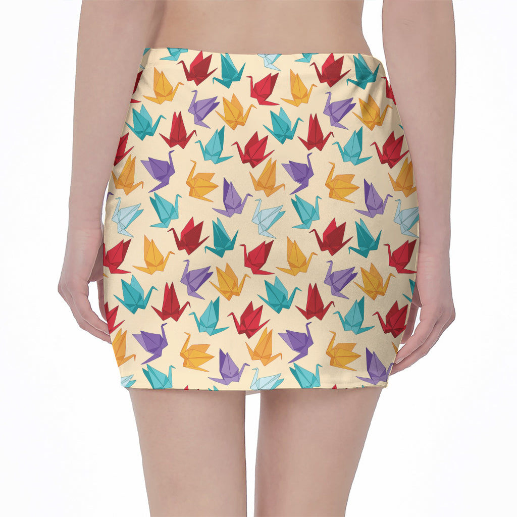 Colorful Origami Crane Pattern Print Pencil Mini Skirt