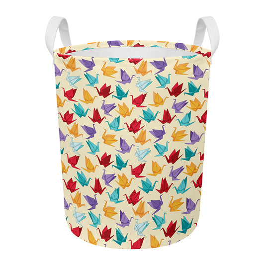 Colorful Origami Crane Pattern Print Round Laundry Basket