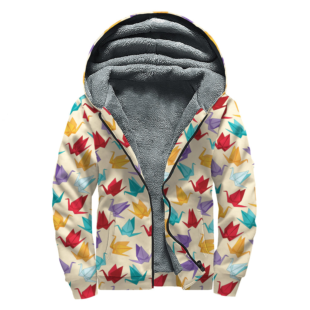 Colorful Origami Crane Pattern Print Sherpa Lined Zip Up Hoodie
