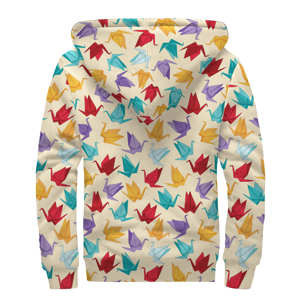 Colorful Origami Crane Pattern Print Sherpa Lined Zip Up Hoodie