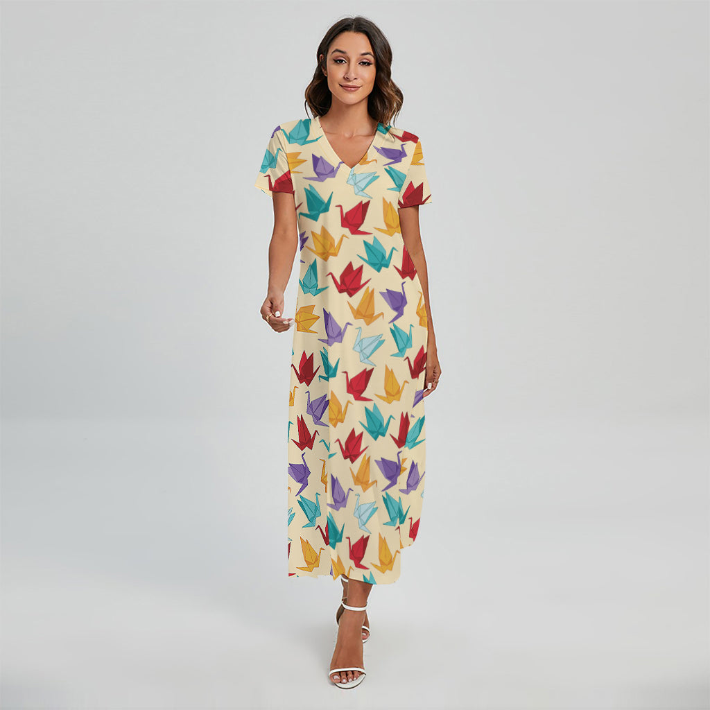 Colorful Origami Crane Pattern Print Short Sleeve Maxi Dress